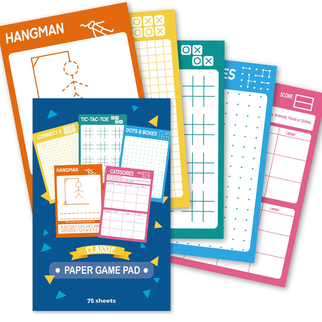 GRANDLMOON 5 Portable Travel Game Pad – 75 Sheets of Classic Pencil & Paper Games for Kids (6 x 9 inches)