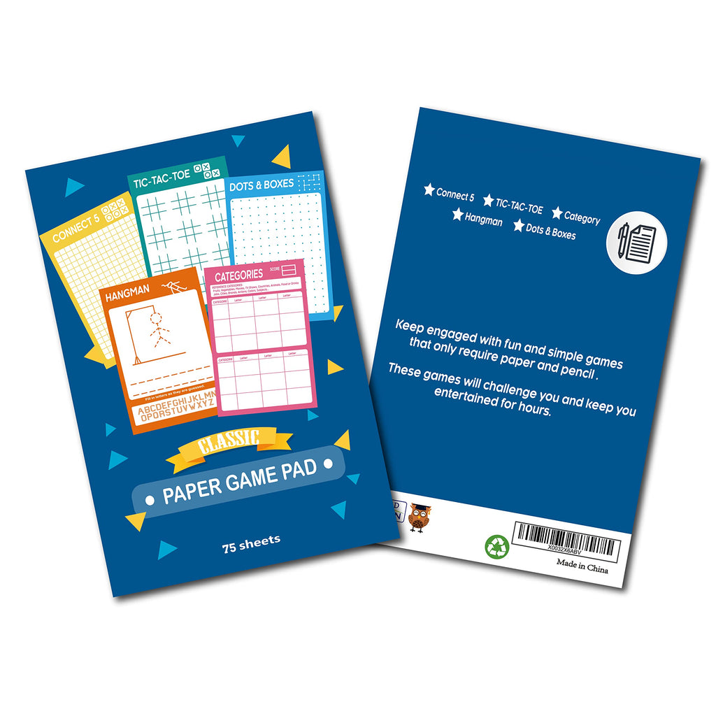 GRANDLMOON 5 Portable Travel Game Pad – 75 Sheets of Classic Pencil & Paper Games for Kids (6 x 9 inches)