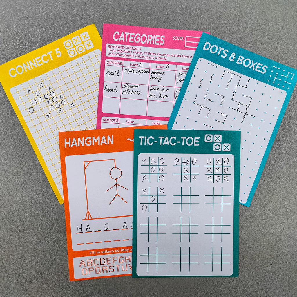 GRANDLMOON 5 Portable Travel Game Pad – 75 Sheets of Classic Pencil & Paper Games for Kids (6 x 9 inches)