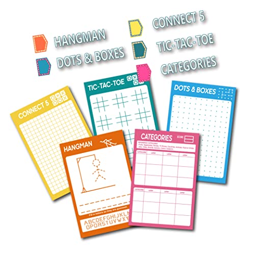 GRANDLMOON 5 Portable Travel Game Pad – 75 Sheets of Classic Pencil & Paper Games for Kids (6 x 9 inches)