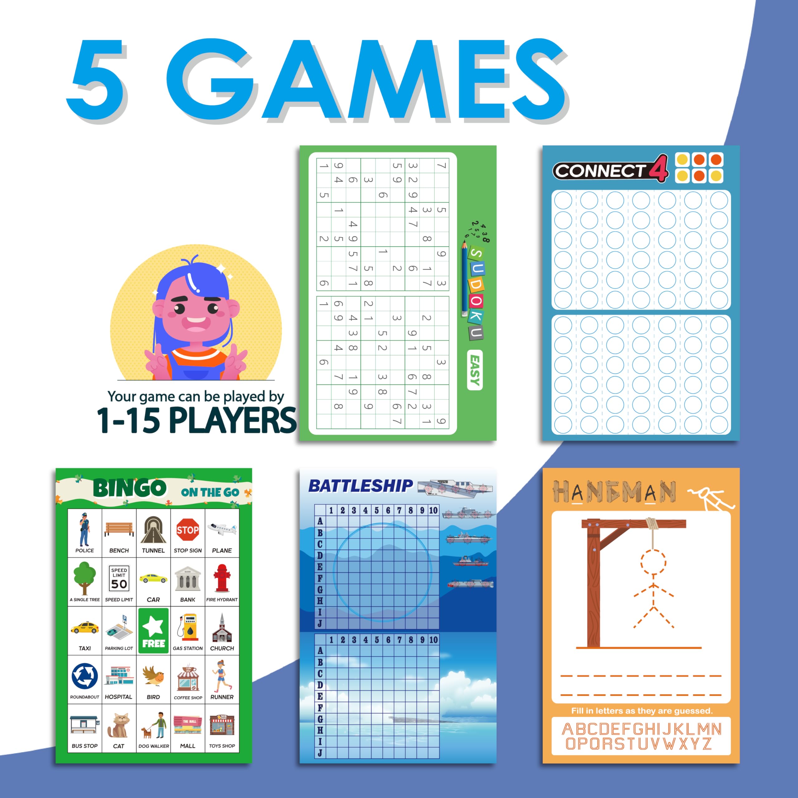 GRANDLMOON 5 Portable Travel Game Pad with 75 Sheets – Classic Pencil & Paper Games for On-the-Go Fun (6 x 9 Inches)