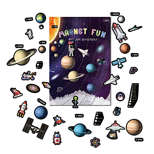 GRANDLMOON Magnetic Solar System Playboard – 39-Piece Portable Space Learning Set with Planets, Ships, and Astronaut Magnets