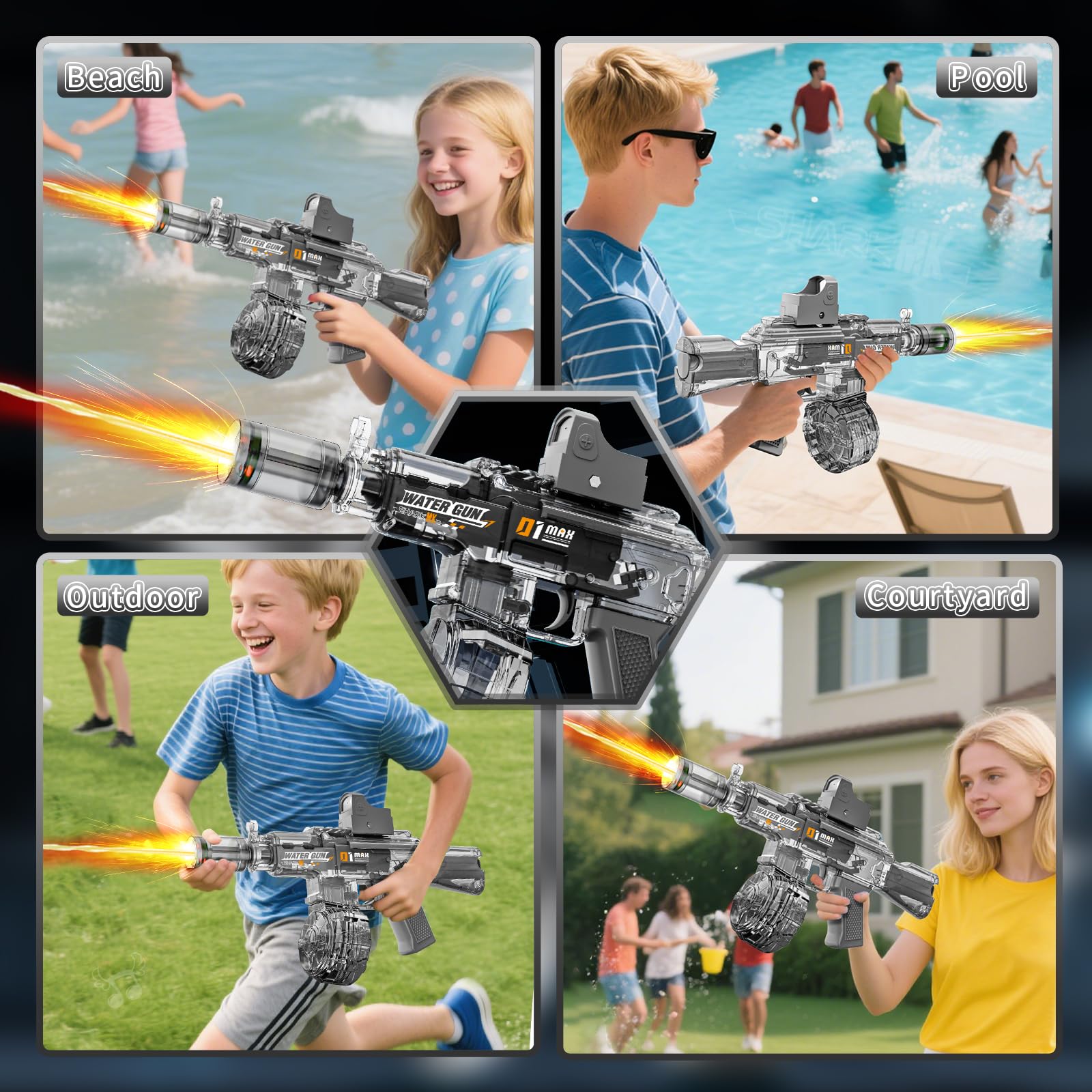 GRANTLEY Electric Water Gun - Rechargeable, 500ml, 510 Shots, LED Lights, USB-C, for Kids & Adults (Grey)