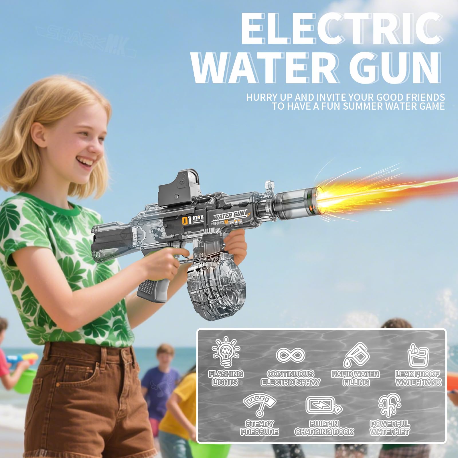 GRANTLEY Electric Water Gun - Rechargeable, 500ml, 510 Shots, LED Lights, USB-C, for Kids & Adults (Grey)