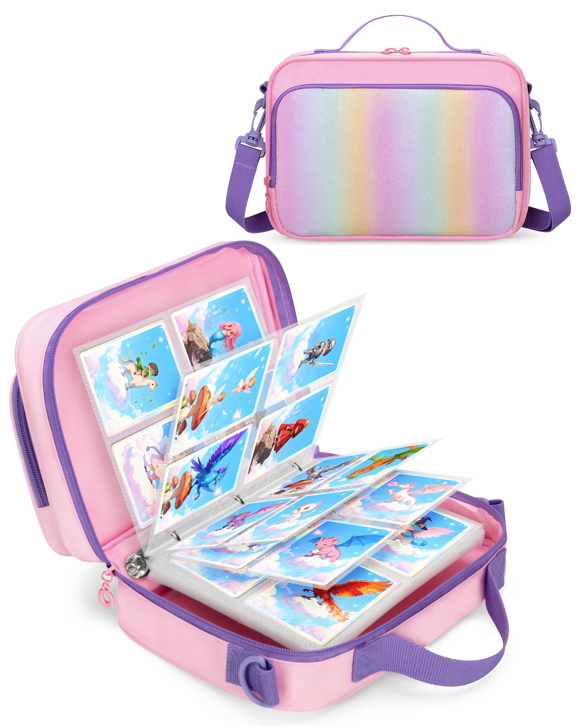 GRAOSO Zipper Card Binder 4 Pocket – Fits 400 Cards, Yoto Compatible, Pink with Rainbow Sequins
