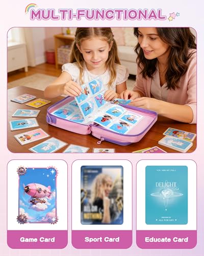 GRAOSO Zipper Card Binder 4 Pocket – Fits 400 Cards, Yoto Compatible, Pink with Rainbow Sequins