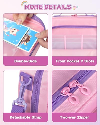 GRAOSO Zipper Card Binder 4 Pocket – Fits 400 Cards, Yoto Compatible, Pink with Rainbow Sequins