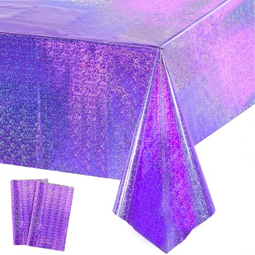 GREATRIL Purple Disposable Tablecloth 54x108 Inches 2-Pack - Shiny Rectangular Party Table Cover for Mermaid, Birthday, Graduation Decor