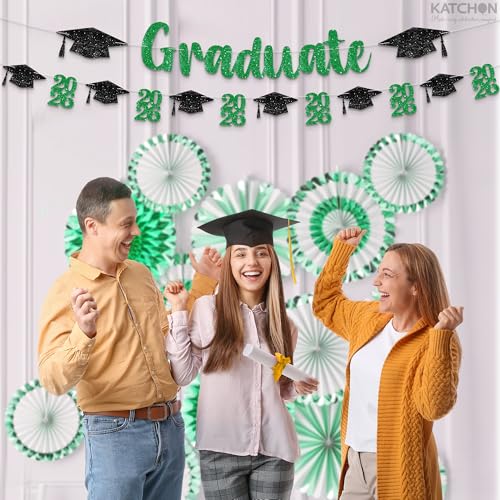 Green and Black Graduation Banner 10ft - Pre-Assembled Glitter Banner with 2026 Cap Garland by KatchOn