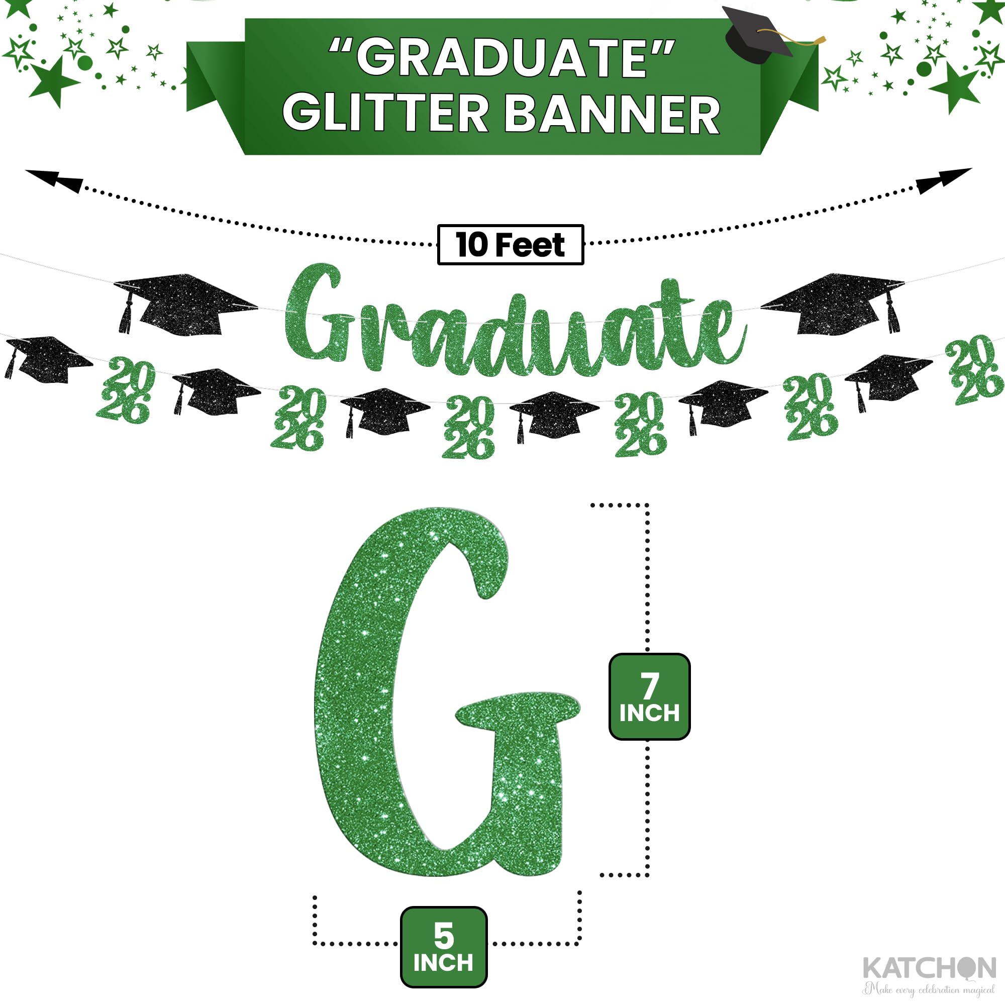 Green and Black Graduation Banner 10ft - Pre-Assembled Glitter Banner with 2026 Cap Garland by KatchOn