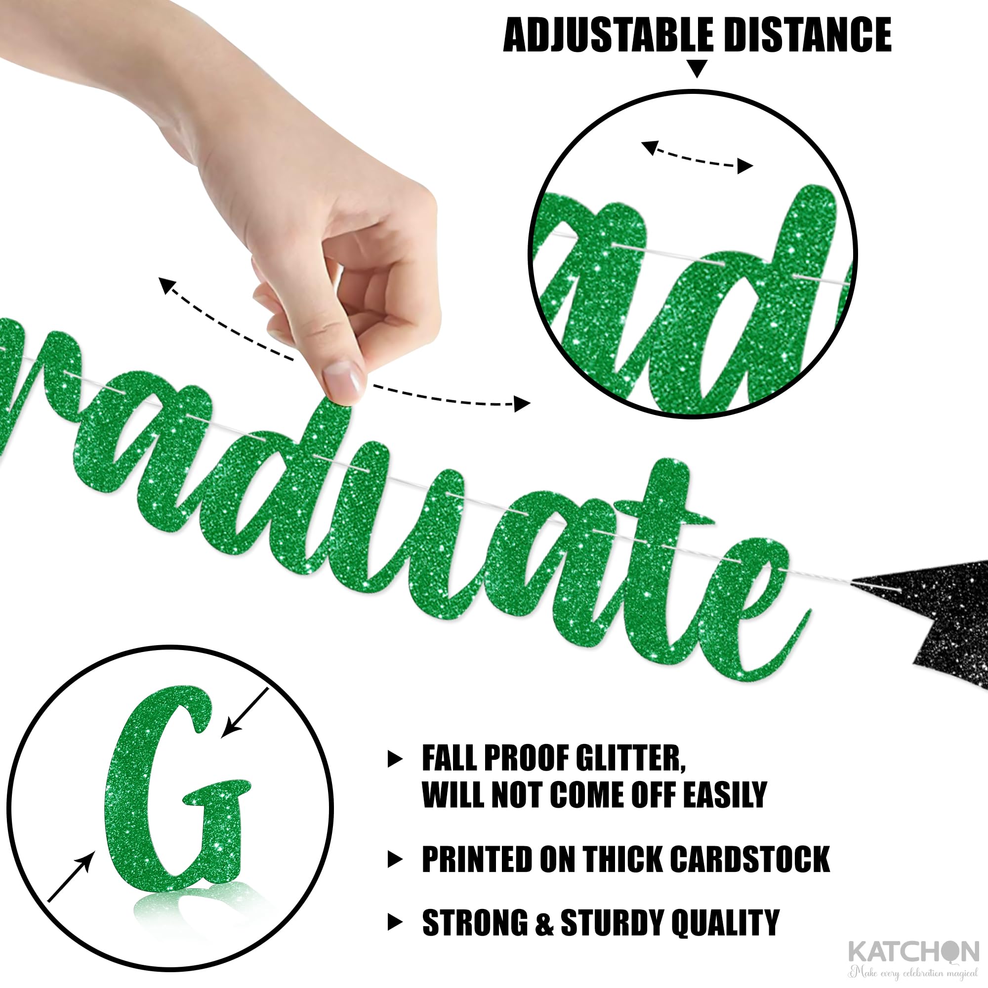 Green and Black Graduation Banner 10ft - Pre-Assembled Glitter Banner with 2026 Cap Garland by KatchOn
