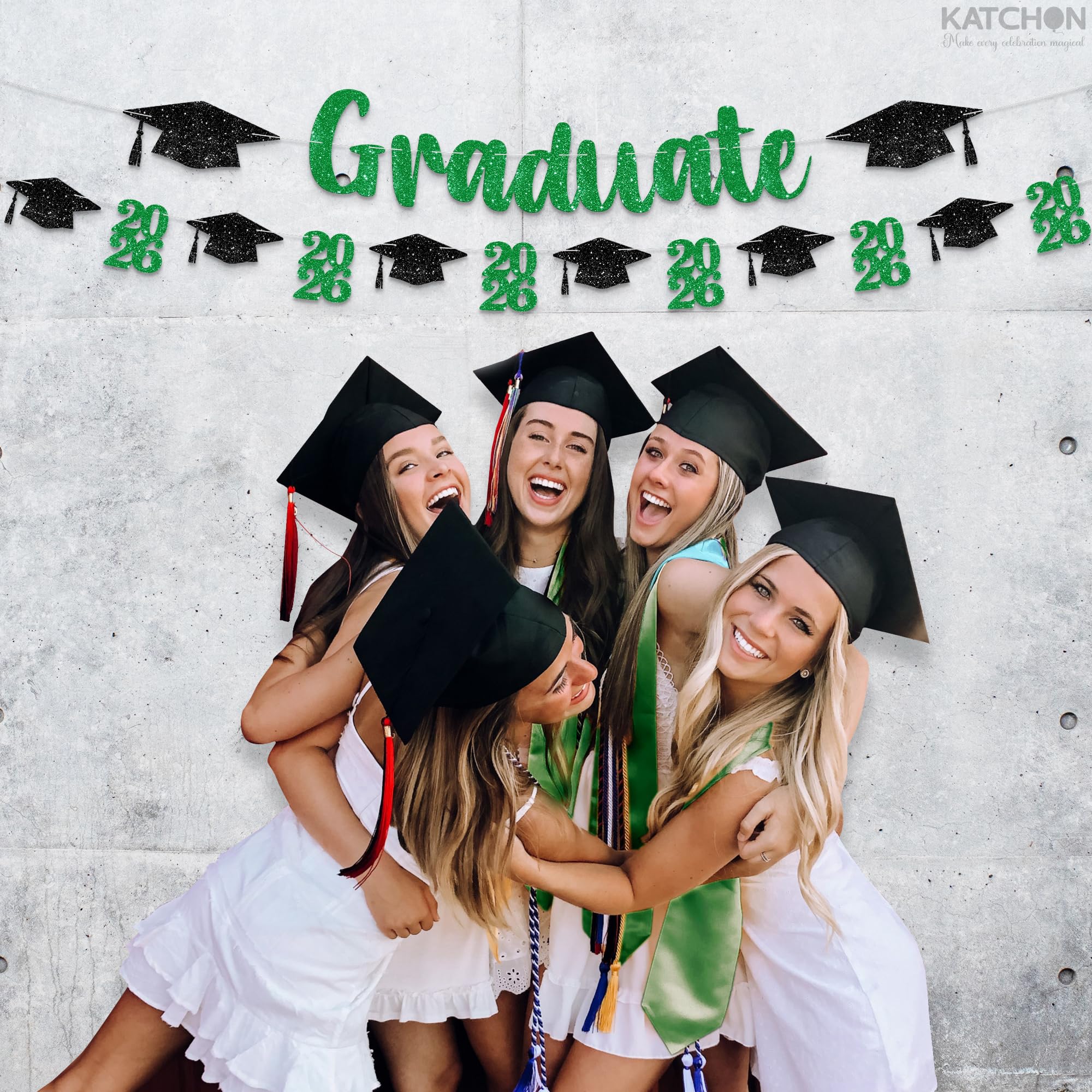 Green and Black Graduation Banner 10ft - Pre-Assembled Glitter Banner with 2026 Cap Garland by KatchOn