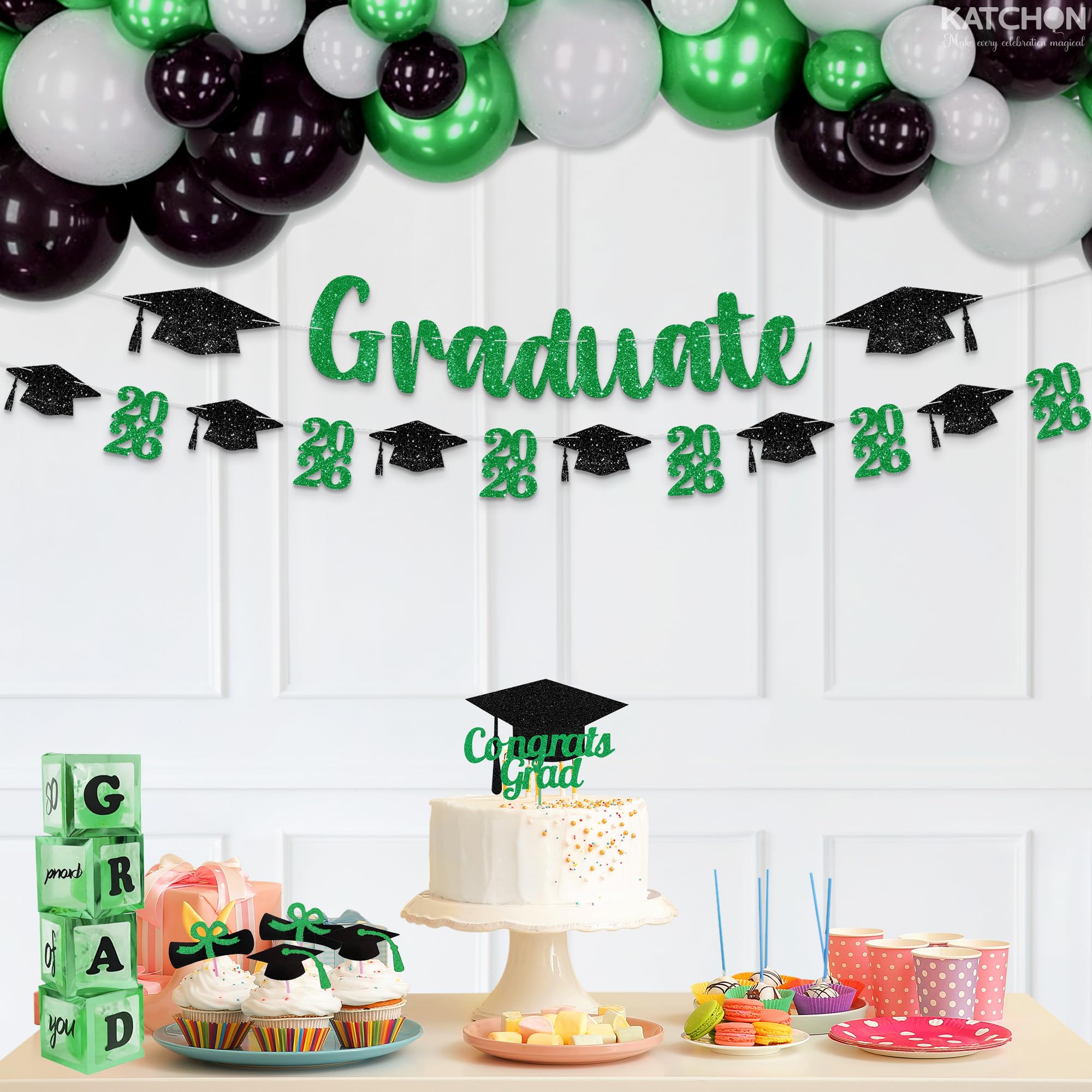 Green and Black Graduation Banner 10ft - Pre-Assembled Glitter Banner with 2026 Cap Garland by KatchOn
