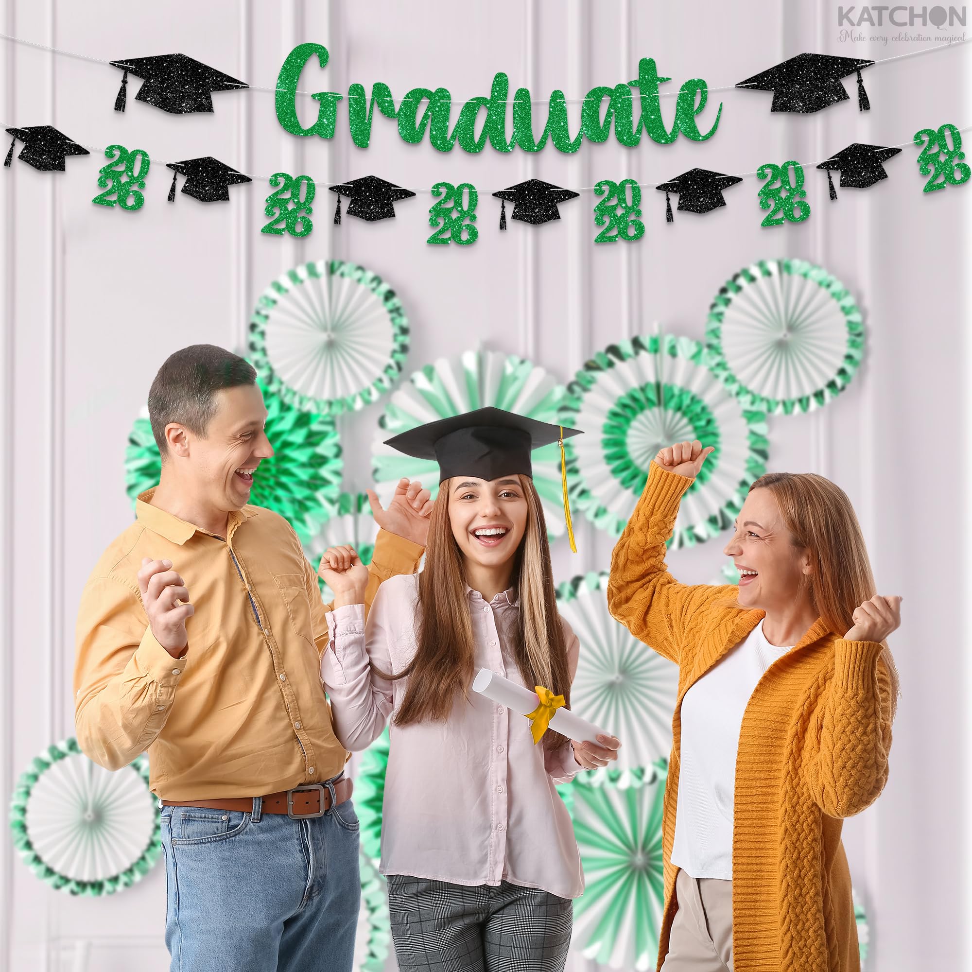 Green and Black Graduation Banner 10ft - Pre-Assembled Glitter Banner with 2026 Cap Garland by KatchOn