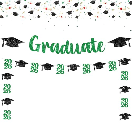 Green and Black Graduation Banner 10ft - Pre-Assembled Glitter Banner with 2026 Cap Garland by KatchOn