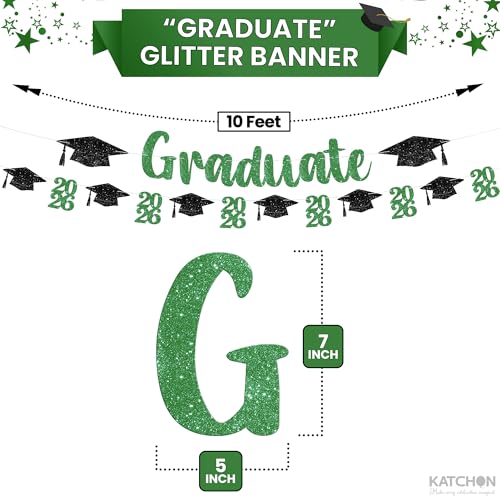 Green and Black Graduation Banner 10ft - Pre-Assembled Glitter Banner with 2026 Cap Garland by KatchOn