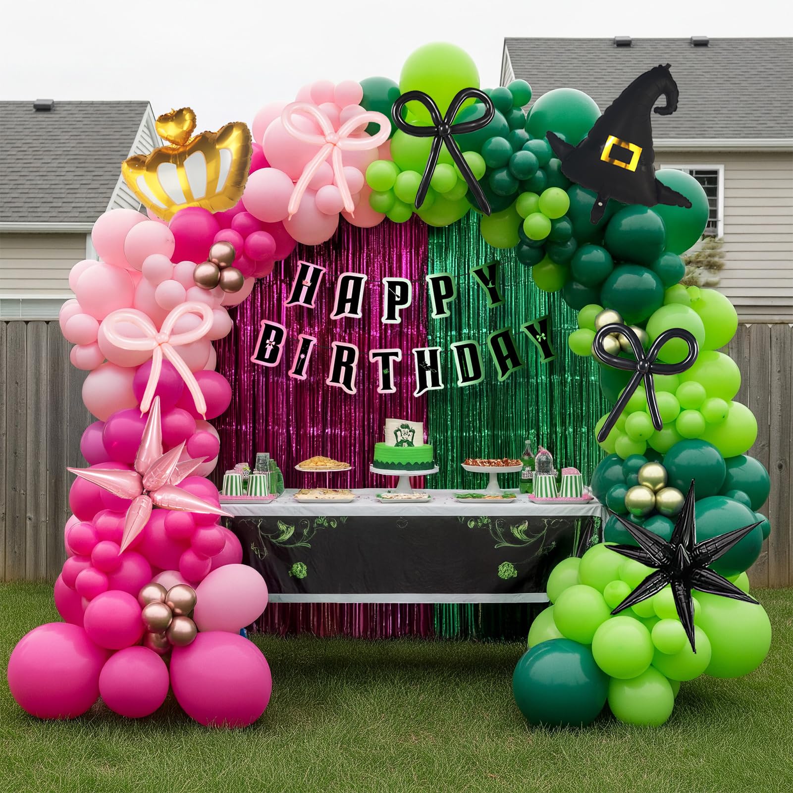 Green and Pink Balloon Garland Arch Kit, 120 Pieces with Wizard Hat Crown Mylar Balloons - Witch Themed Party Decoration