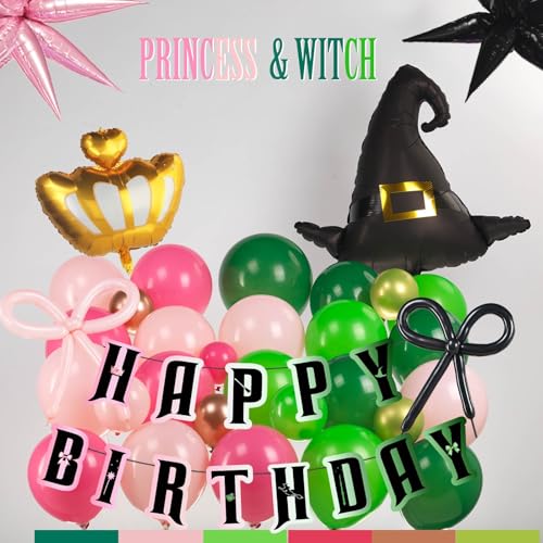 Green and Pink Balloon Garland Arch Kit, 120 Pieces with Wizard Hat Crown Mylar Balloons - Witch Themed Party Decoration