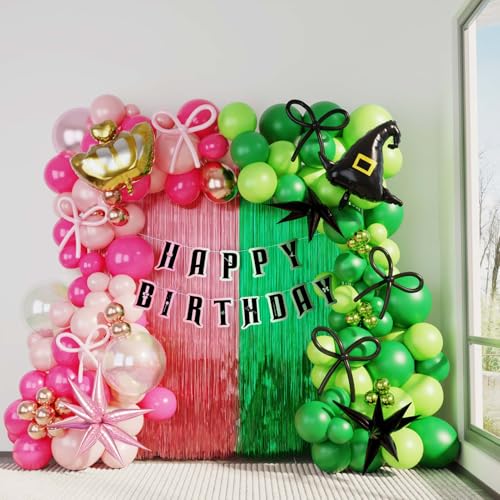 Green and Pink Balloon Garland Arch Kit, 120 Pieces with Wizard Hat Crown Mylar Balloons - Witch Themed Party Decoration