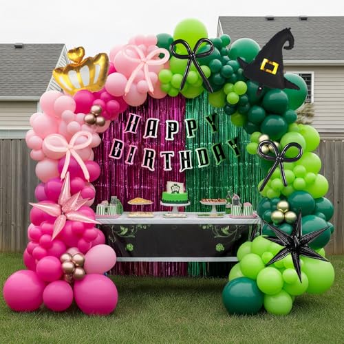Green and Pink Balloon Garland Arch Kit, 120 Pieces with Wizard Hat Crown Mylar Balloons - Witch Themed Party Decoration
