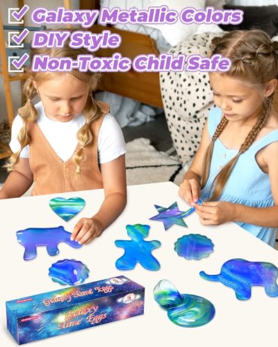Greingways 5 Pack Prefilled Easter Eggs Galaxy Slime Toys - Blue, Purple, Green - Non-Toxic, Reusable Stress Relief Egg Fillers for Kids and Teens