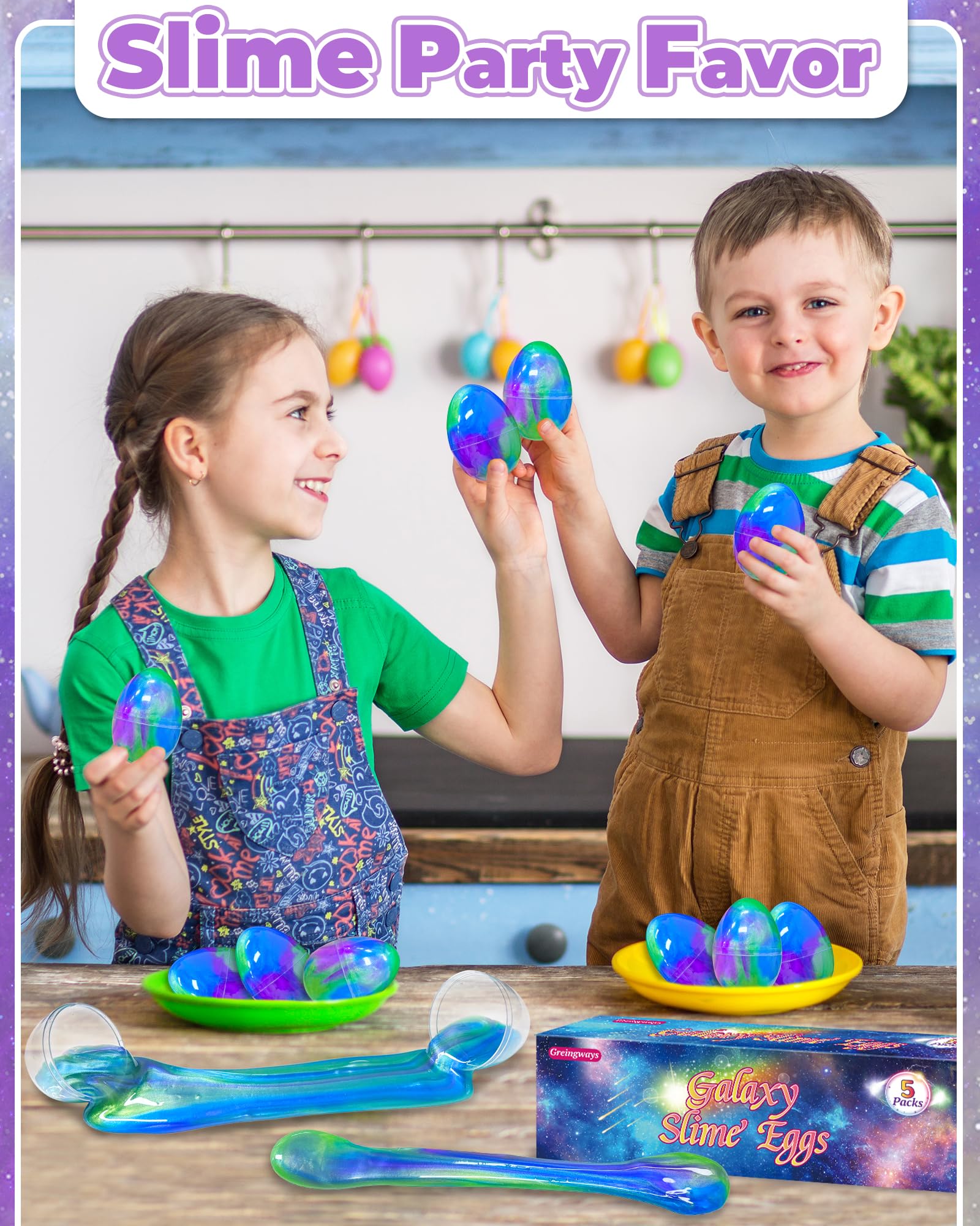 Greingways 5 Pack Prefilled Easter Eggs Galaxy Slime Toys - Blue, Purple, Green - Non-Toxic, Reusable Stress Relief Egg Fillers for Kids and Teens