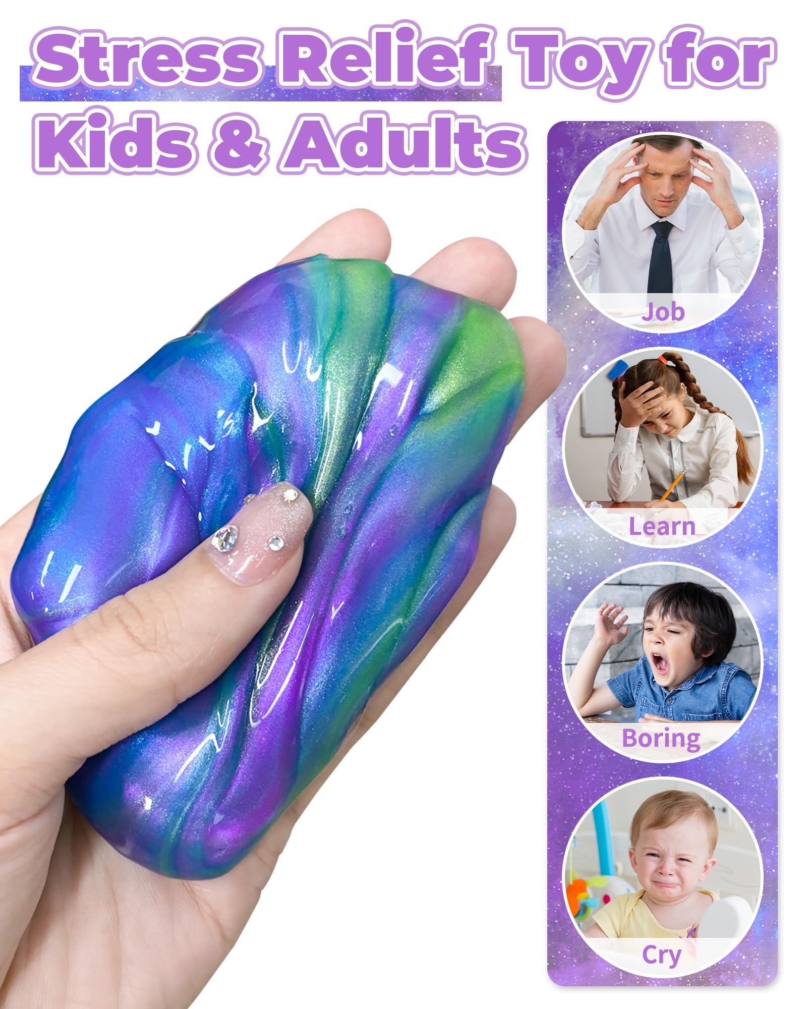Greingways 5 Pack Prefilled Easter Eggs Galaxy Slime Toys - Blue, Purple, Green - Non-Toxic, Reusable Stress Relief Egg Fillers for Kids and Teens
