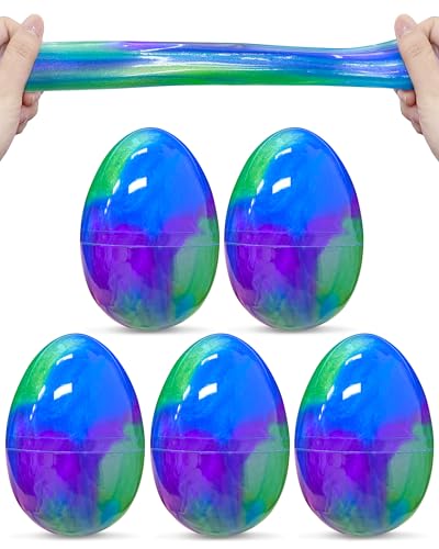 Greingways 5 Pack Prefilled Easter Eggs Galaxy Slime Toys - Blue, Purple, Green - Non-Toxic, Reusable Stress Relief Egg Fillers for Kids and Teens