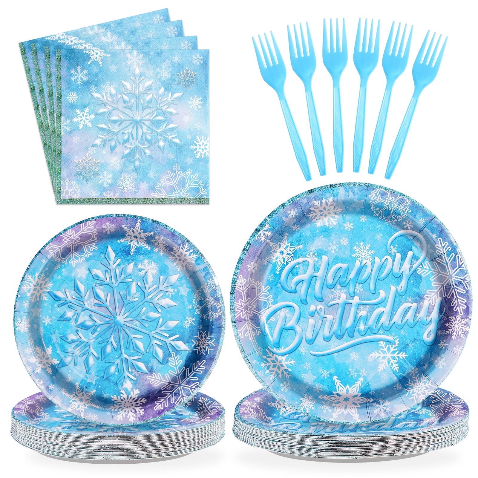 Grencian 96-Piece Frozen Party Tableware Set – Disposable Plates, Napkins & Forks for Winter Wonderland Themes, Serves 24