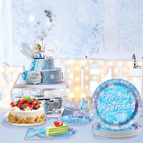 Grencian 96-Piece Frozen Party Tableware Set – Disposable Plates, Napkins & Forks for Winter Wonderland Themes, Serves 24