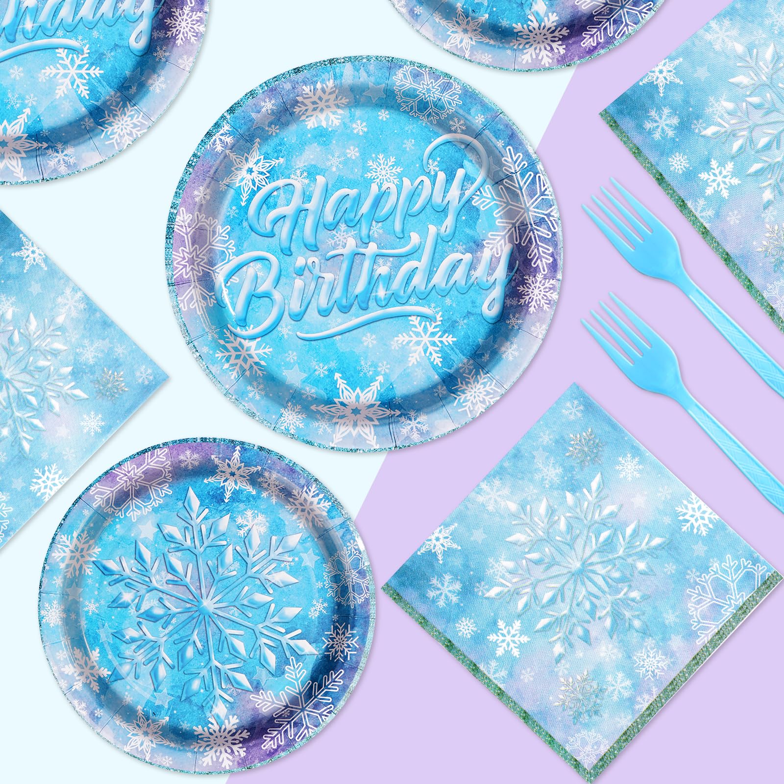 Grencian 96-Piece Frozen Party Tableware Set – Disposable Plates, Napkins & Forks for Winter Wonderland Themes, Serves 24