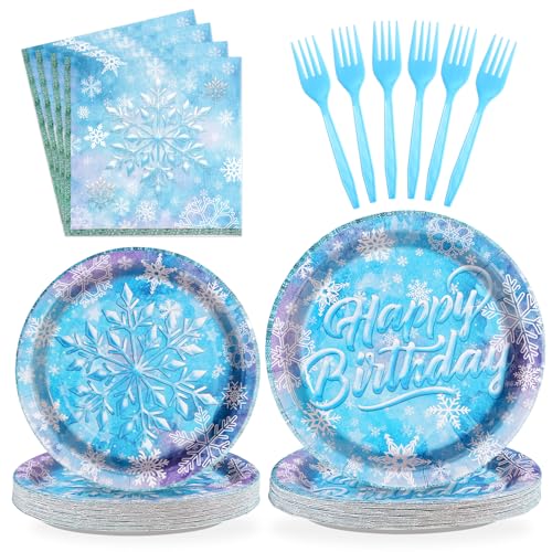 Grencian 96-Piece Frozen Party Tableware Set – Disposable Plates, Napkins & Forks for Winter Wonderland Themes, Serves 24