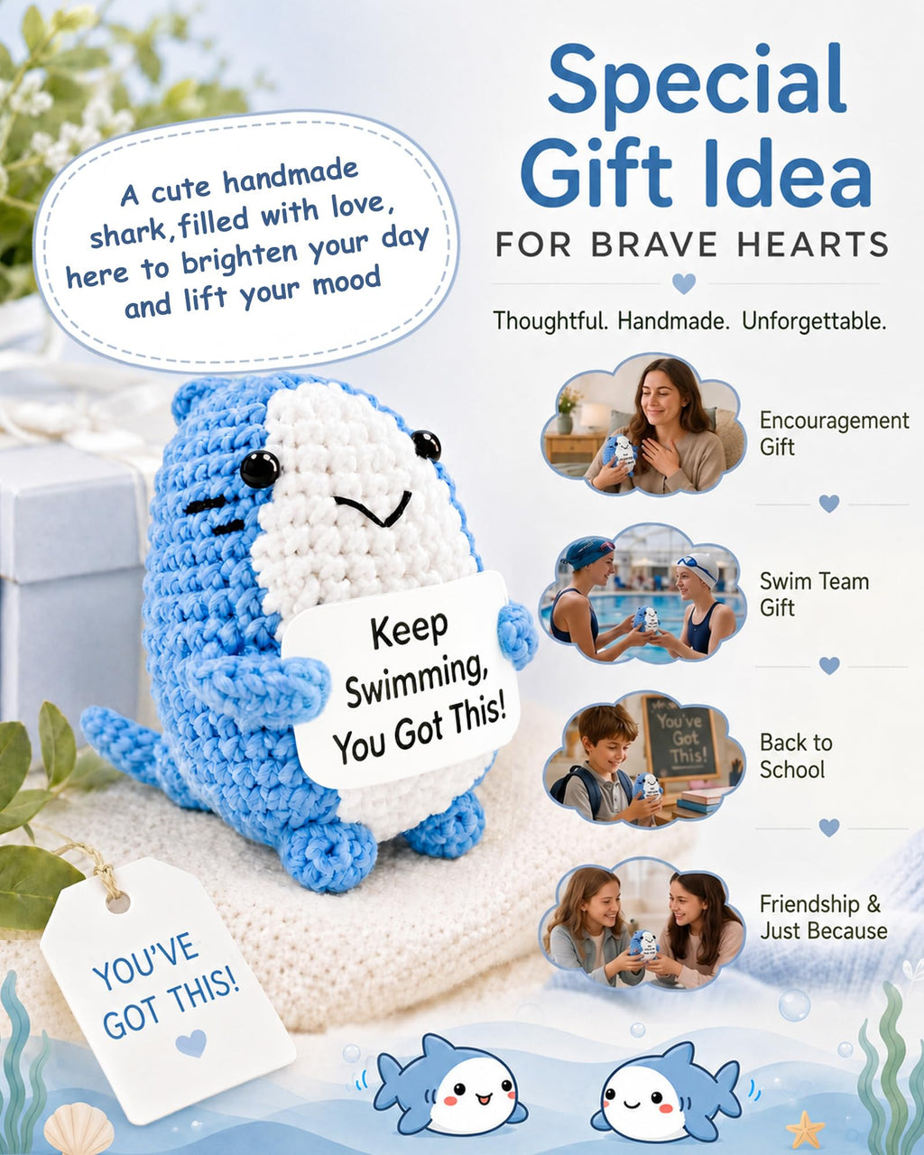 Grepacs Handmade Crochet Emotional Support Shark – Encouragement Gift for Graduation, Office Desk Decor, Birthday