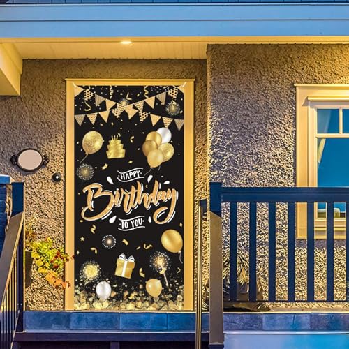 GRESATEK Black Gold Happy Birthday Door Banner – 6x2.95 ft Fabric Backdrop with Hanging Rope for Indoor & Outdoor Party Decor