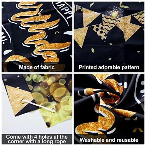 GRESATEK Black Gold Happy Birthday Door Banner – 6x2.95 ft Fabric Backdrop with Hanging Rope for Indoor & Outdoor Party Decor