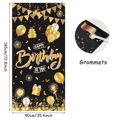 GRESATEK Black Gold Happy Birthday Door Banner – 6x2.95 ft Fabric Backdrop with Hanging Rope for Indoor & Outdoor Party Decor