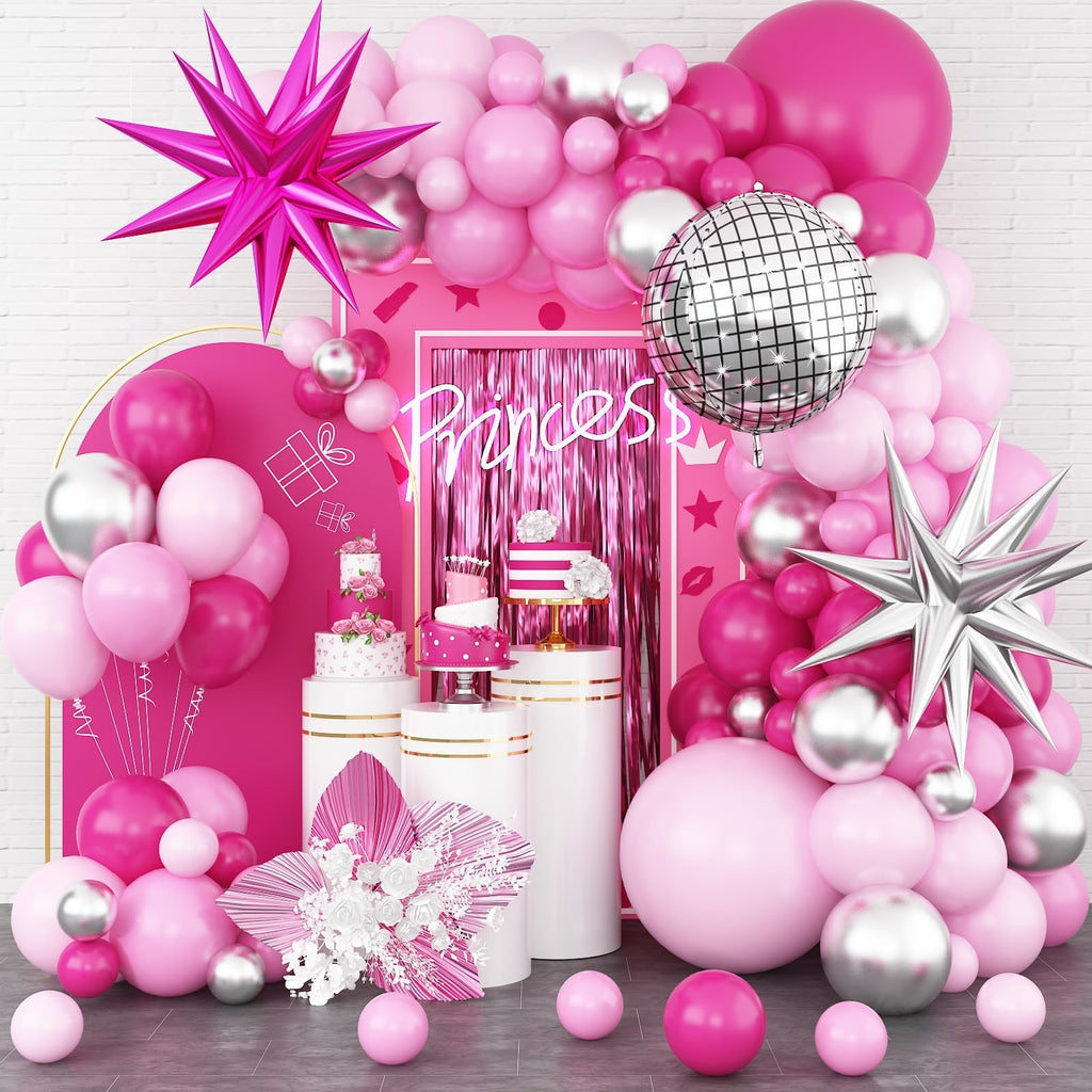 GRESATEK Hot Pink and Silver Balloon Arch Garland - 108 Piece Party Decor with Star Foil and Disco Balloons