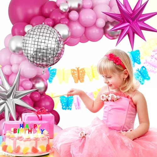 GRESATEK Hot Pink and Silver Balloon Arch Garland - 108 Piece Party Decor with Star Foil and Disco Balloons