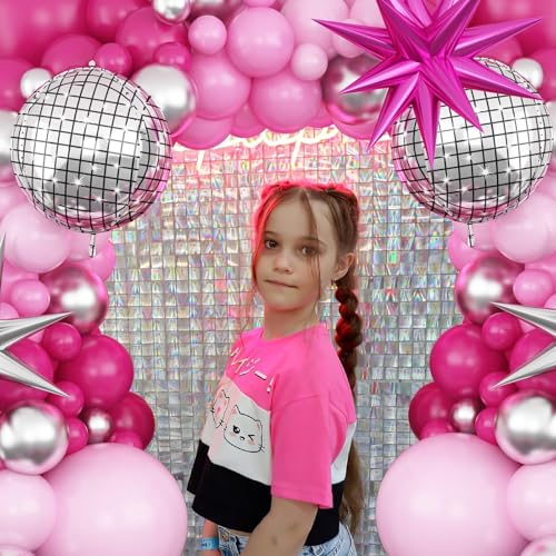 GRESATEK Hot Pink and Silver Balloon Arch Garland - 108 Piece Party Decor with Star Foil and Disco Balloons
