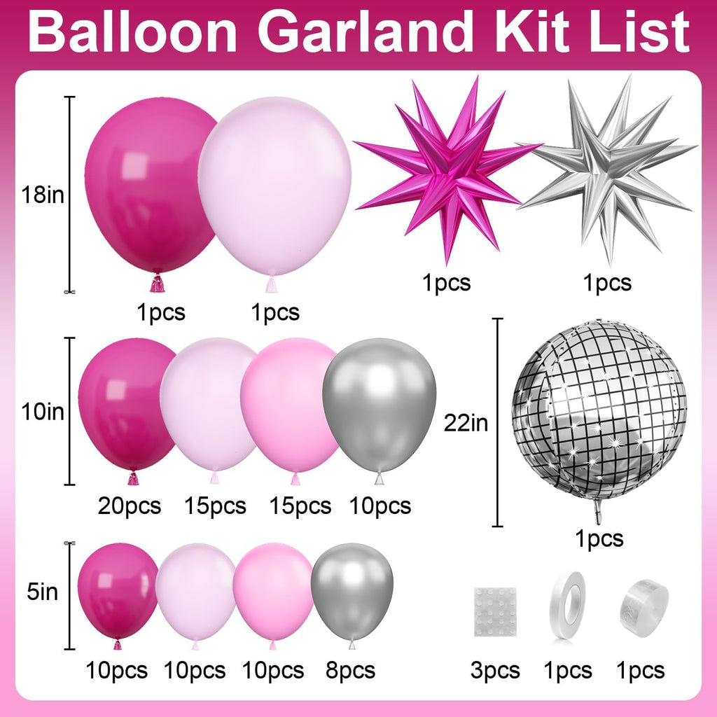 GRESATEK Hot Pink and Silver Balloon Arch Garland - 108 Piece Party Decor with Star Foil and Disco Balloons
