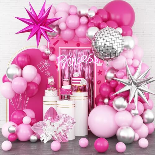 GRESATEK Hot Pink and Silver Balloon Arch Garland - 108 Piece Party Decor with Star Foil and Disco Balloons