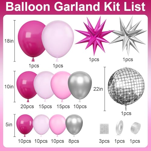 GRESATEK Hot Pink and Silver Balloon Arch Garland - 108 Piece Party Decor with Star Foil and Disco Balloons