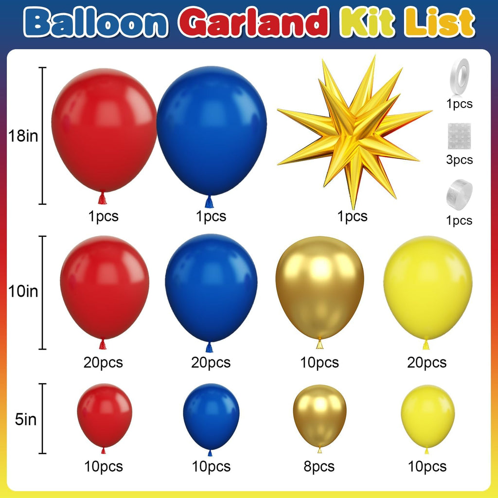GRESATEK Red Yellow Blue Balloon Garland Kit with Gold Accents for Carnival Circus Parties