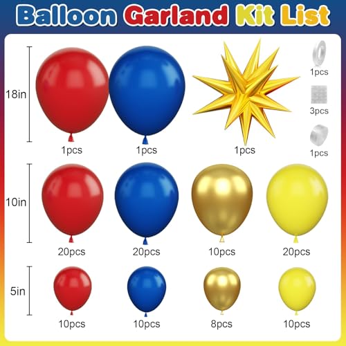GRESATEK Red Yellow Blue Balloon Garland Kit with Gold Accents for Carnival Circus Parties
