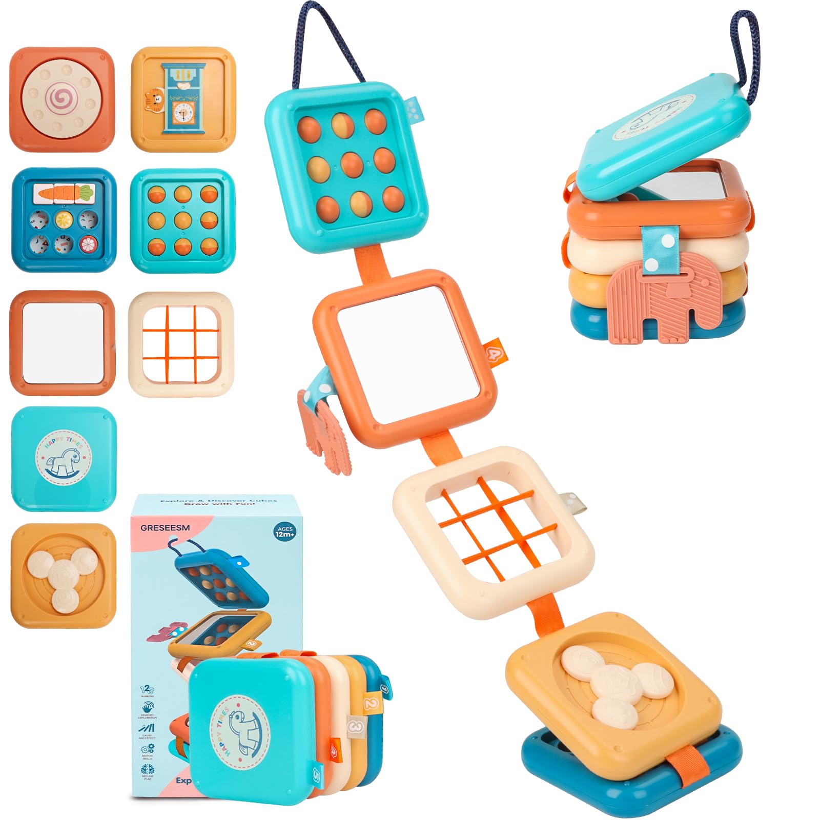 GRESEESM Montessori Busy Board for 1 Year Old – Sensory Travel Toy with 7 Activities, Safe & Portable