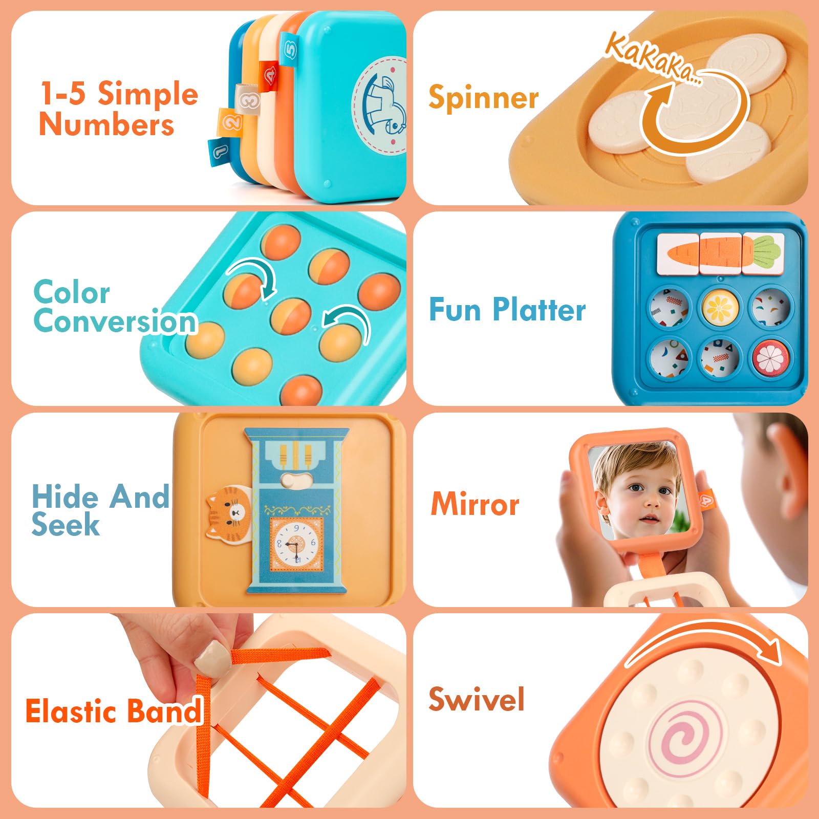 GRESEESM Montessori Busy Board for 1 Year Old – Sensory Travel Toy with 7 Activities, Safe & Portable