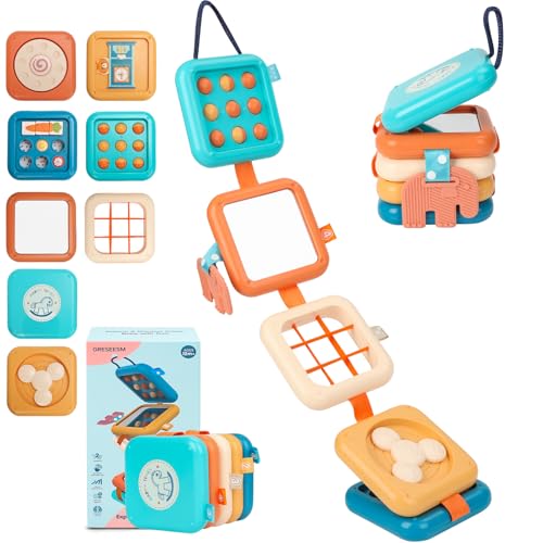 GRESEESM Montessori Busy Board for 1 Year Old – Sensory Travel Toy with 7 Activities, Safe & Portable