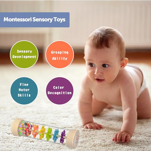 GRESEESM Rain Stick - 7.7 Inch Wooden Rainmaker for Babies 6-12 Months & Toddlers, Sensory Musical Toy
