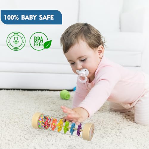 GRESEESM Rain Stick - 7.7 Inch Wooden Rainmaker for Babies 6-12 Months & Toddlers, Sensory Musical Toy