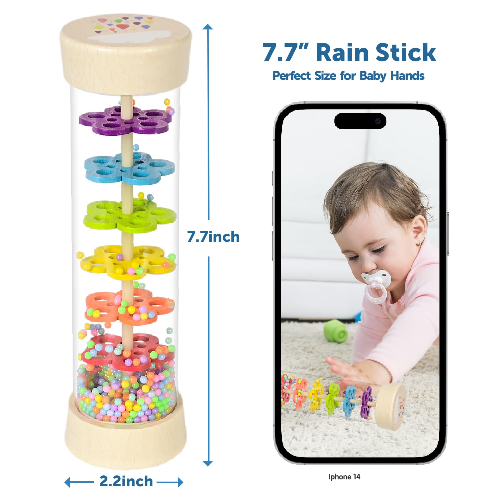 GRESEESM Rain Stick - 7.7 Inch Wooden Rainmaker for Babies 6-12 Months & Toddlers, Sensory Musical Toy